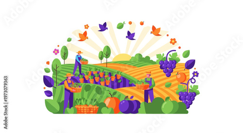 A colorful vector illustration celebrates Cesar Chavez Day, depicting farmworkers harvesting crops in a rural landscape against a bright white background, embodying the spirit of the United