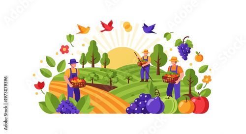A vibrant vector illustration depicts farmworkers harvesting crops on Cesar Chavez Day, designed with colorful icons and cheerful characters against a white background