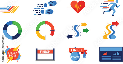 Fitness Performance Flat Icons Set with Running Metrics Heart Rate Energy Boost and Progress Elements