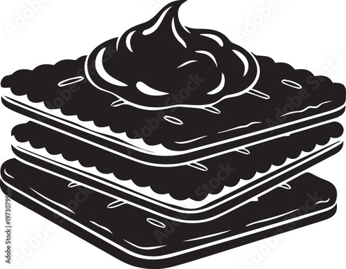 Stack of cookies with cream filling and topping vector illustration, sweet dessert concept.