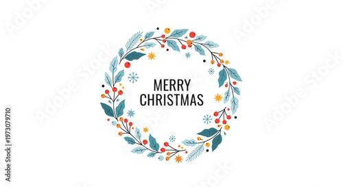 Decorative Christmas wreath made of leaves, berries, and snowflakes with Merry Christmas text in the center.