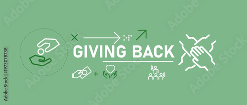 Giving back banner charity icons community support donation social responsibility helping hands symbols on green background corporate social responsibility philanthropy