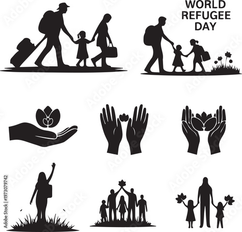 World refugee day concept design. set of black silhouettes for people and refugee symbols for banners, cards and posters.
