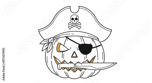 Fun Halloween line art of a pirate-themed pumpkin wearing a hat with a skull and holding a knife in its mouth.