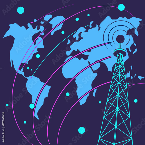Global telecommunication tower on world map background with data transmission with cell tower with communication system