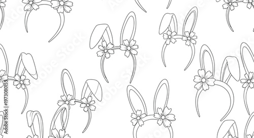 Seamless line art pattern of festive bunny ear headbands decorated with spring flowers for Easter celebrations.