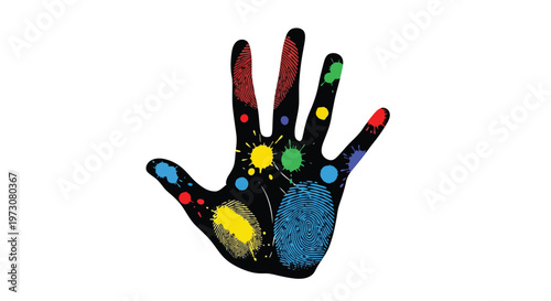 Colorful handprint with fingerprint details and scattered paint splashes