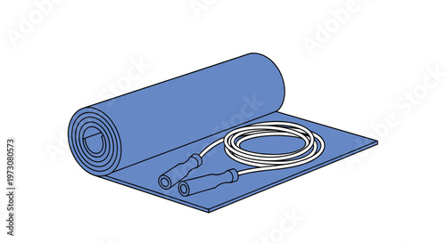 Blue rolled yoga mat paired with a jump rope for dynamic fitness training, home cardiovascular exercises, and healthy living.