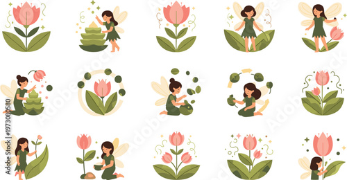 Cute Fairy Characters with Flowers and Nature Elements in Magical Garden Scenes with Wings and Floral Designs Cartoon Illustration Set.