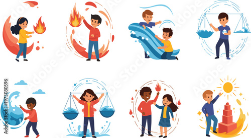 People Representing Four Elements Fire Water Air and Earth with Nature Power Concepts in Modern Flat Cartoon Style Illustration Set.