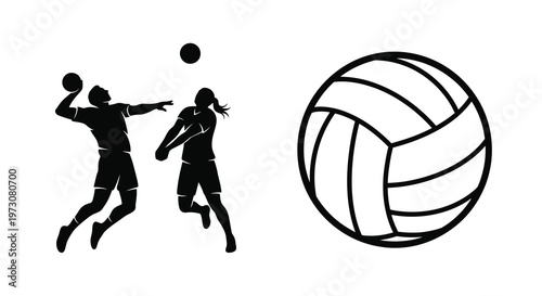 Volleyball players in action with a large ball illustration