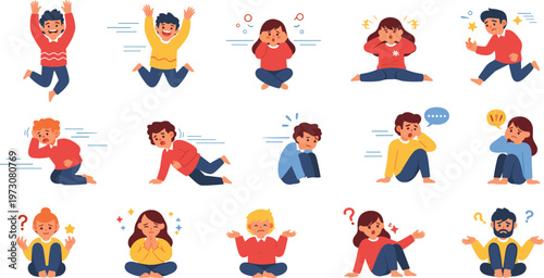 Kids Expressing Different Emotions and Feelings with Various Facial Expressions and Body Language in Colorful Cartoon Style Illustration Set.