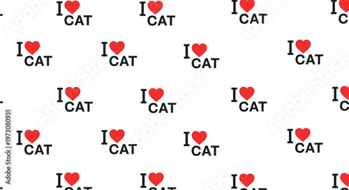 Repeating pattern of I love cat text with red hearts on a white background creating a simple and cute design for feline enthusiasts.