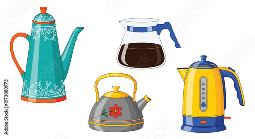 Various coffee brewing equipment collection including a percolator glass carafe metal kettle and electric kettle on white background.
