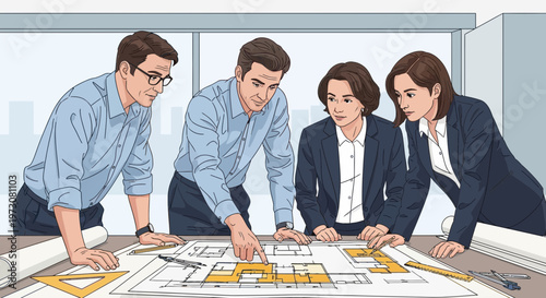 Architects collaborating on blueprint, planning building project, teamwork, office meeting