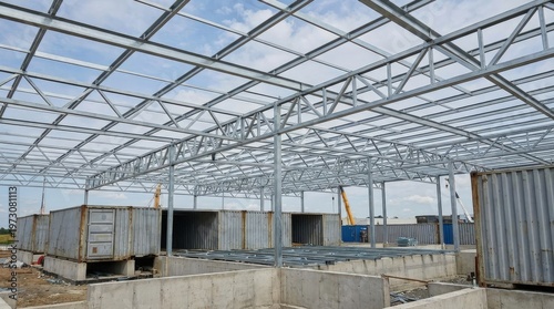Construction site with metal structure.