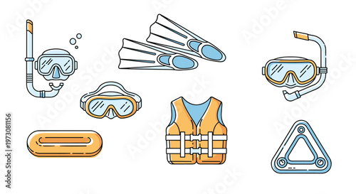 Snorkeling and water safety gear set including masks snorkels flippers life vest and a rescue buoy in blue and orange colors.