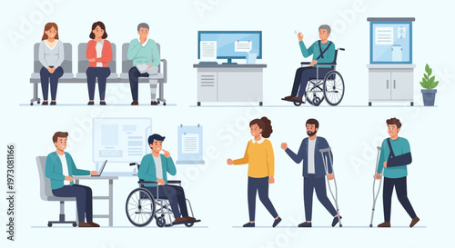 Diverse people with disabilities in healthcare waiting room, clinic, hospital, or office.