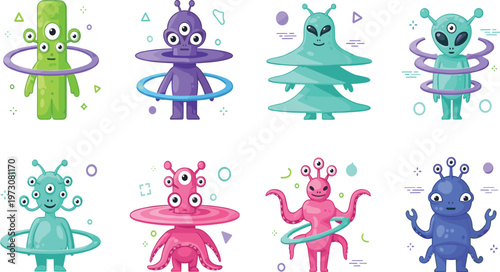 Cute Alien Creatures with Different Shapes Tentacles and Futuristic Designs in Colorful Cartoon Style Sci Fi Fantasy Illustration Set.