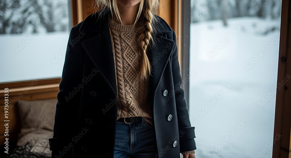 Obraz premium Woman in black coat and cable knit sweater standing indoors with snowy background visible outside window ai generated