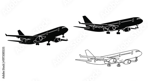 Black and white illustrations of airliners in various flight positions