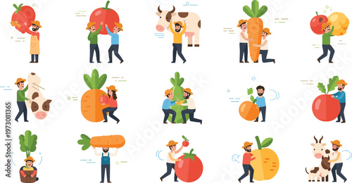 Farmers Harvesting Fruits and Vegetables with Agriculture Activities and Organic Farming Concepts in Modern Flat Cartoon Style Illustration Set.