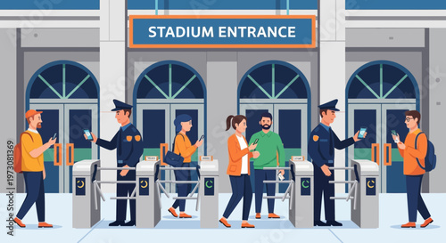 People entering stadium through turnstiles at entrance with security guards checking tickets