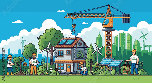 Eco-friendly house construction with solar panels and wind turbines.