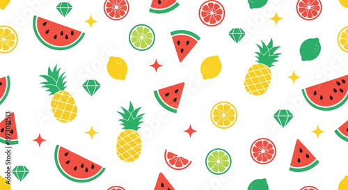 Tropical Fruit Vector Pattern with Watermelon, Pineapple, Lemon and Lime on White Background
