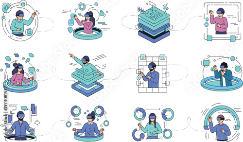People Working with Digital Data Systems and Network Technology Concepts in Modern Flat Cartoon Style Illustration Set for Business and Innovation.