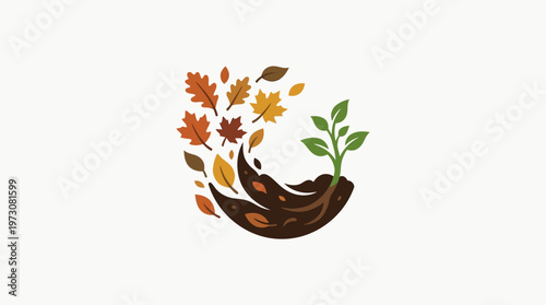 Autumn Leaves and Young Plant Growing on White