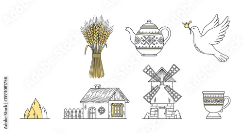 Collection of traditional ukrainian village themed icons including wheat a teapot house windmill dove and a cup with folk patterns.