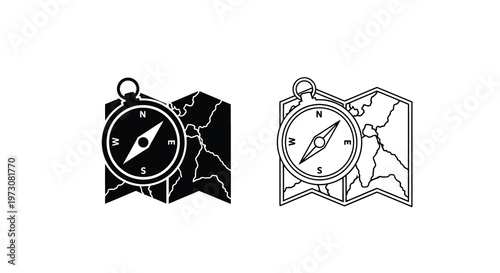 Two depictions of a compass overlaid on a map one solid and one outlined