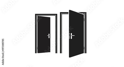 Two doors presented in a black and white graphic one open one closed