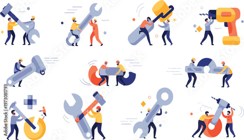 Workers Repairing and Fixing Equipment with Tools Maintenance and Engineering Service Concepts in Modern Flat Cartoon Style Illustration Set.