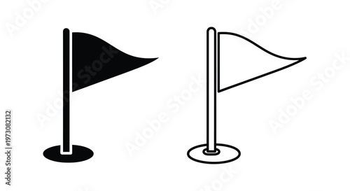 Two black and white flags one solid and one outline on poles