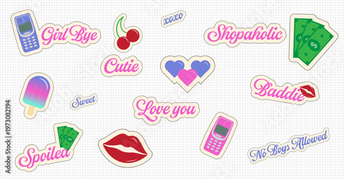 

Retro Girly Y2K Sticker Icon Set – Baddie, Spoiled, Shopaholic, Girl Bye, No Boys Allowed – Vintage Pop Art Clipart for Social Media & Planner