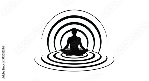 Silhouette of person meditating peacefully surrounded by concentric waves symbolizing inner calm.