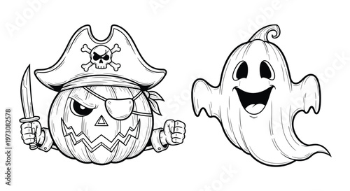 Spooky halloween scene featuring a pumpkin dressed as a pirate holding a knife and a smiling floating ghost.