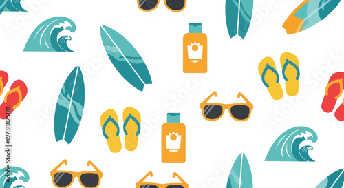 Summer beach vector pattern with surfboards, waves, sunglasses, flip flops, and sunscreen