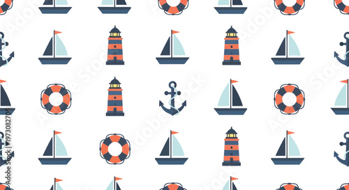 Nautical vector pattern with lighthouse, anchor, sailboat and lifebuoy seamless background