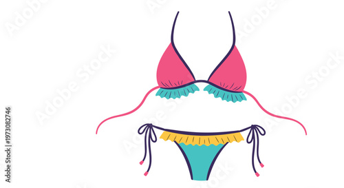 Vibrant pink and blue bikini set with ruffles and ties isolated on a plain white background for summer themes.