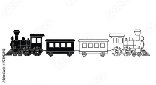 A simplistic black and white illustration of a vintage steam train