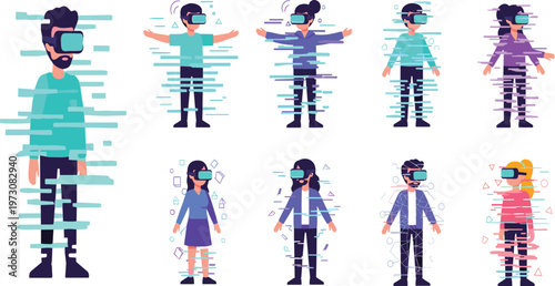 People Using Virtual Reality Headsets with Glitch Effects and Digital Distortion in Futuristic Technology Cartoon Style Illustration Set.
