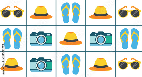 Summer vacation seamless vector pattern with hats, flip flops, sunglasses, and cameras