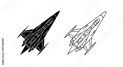 Two black and white line art depictions of modern fighter jet aircraft