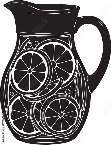 Lemonade pitcher with citrus slices and ice, refreshing summer drink illustration on transparent background.