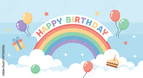 Colorful birthday celebration with rainbow and balloons.