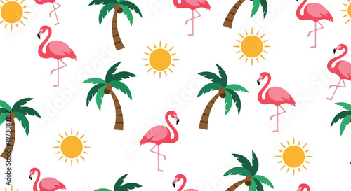 Tropical flamingo vector pattern with palm trees and sun seamless summer background