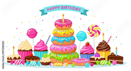 Colorful birthday dessert table with cake and cupcakes.